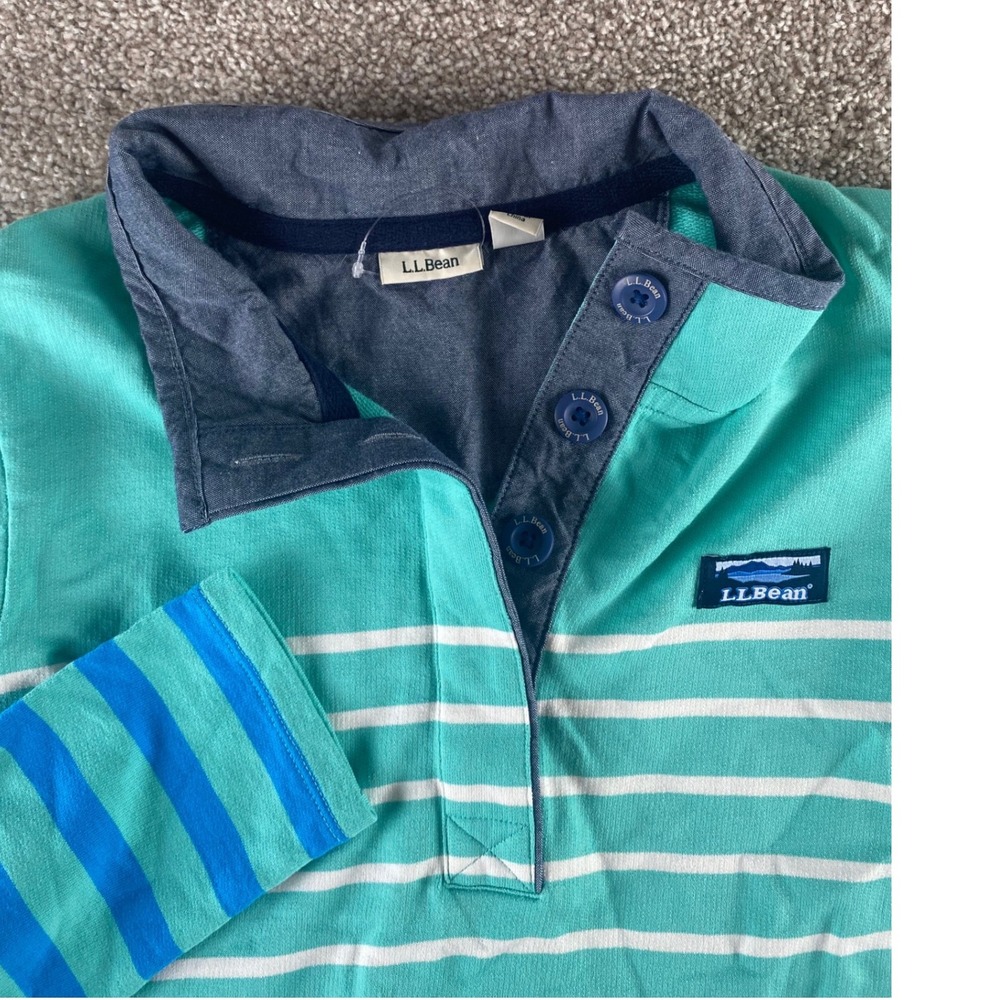LL Bean Womens M Striped Pullover Rugby Shirt Blue Long Sleeve Cotton 501241